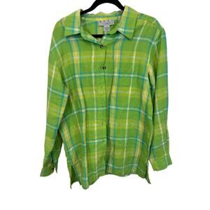Real Comfort Green Linen Plaid Shirt Lightweight Button Down Casual Minimalist L